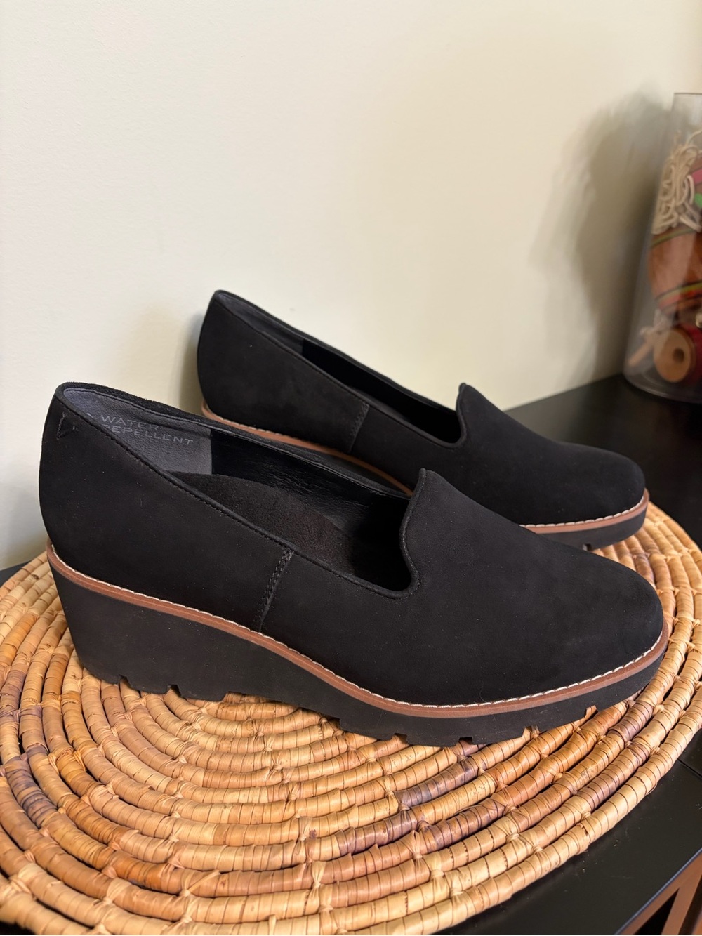 Vionic Black Suede Wedge Loafers with Tan Accent
